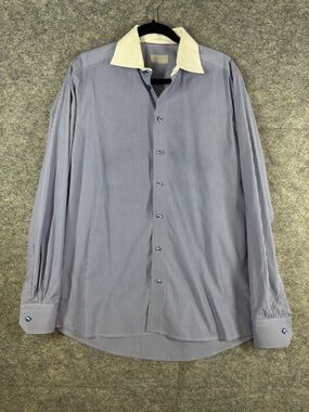 Eton Blue Pinstripe Dress Shirt with White Contrast Collar Size 16